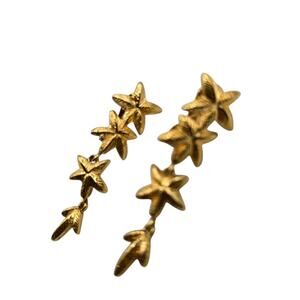 Star Leaf Clip On Earrings Textured Dangle Costume Jewelry Vintage Gold Tone